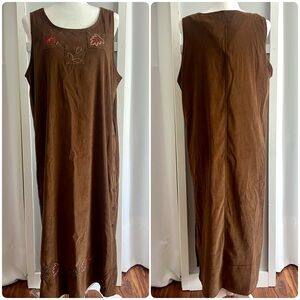 Vintage Erika Dark Brown Velvet Leaf Floral Embroidery Maxi Dress Womens sz L